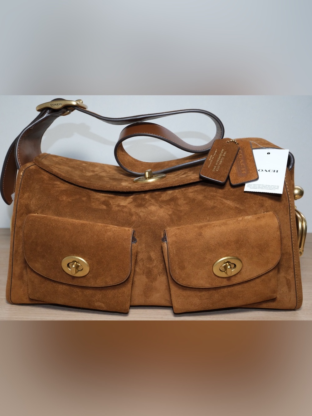 Coach Chestnut Brown Suede Turnlock Haversack Bag - Picture 4 of 16